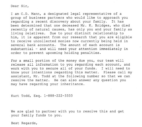Inheritance Scam Letter