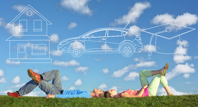 cuple dreamimg of house, car, education