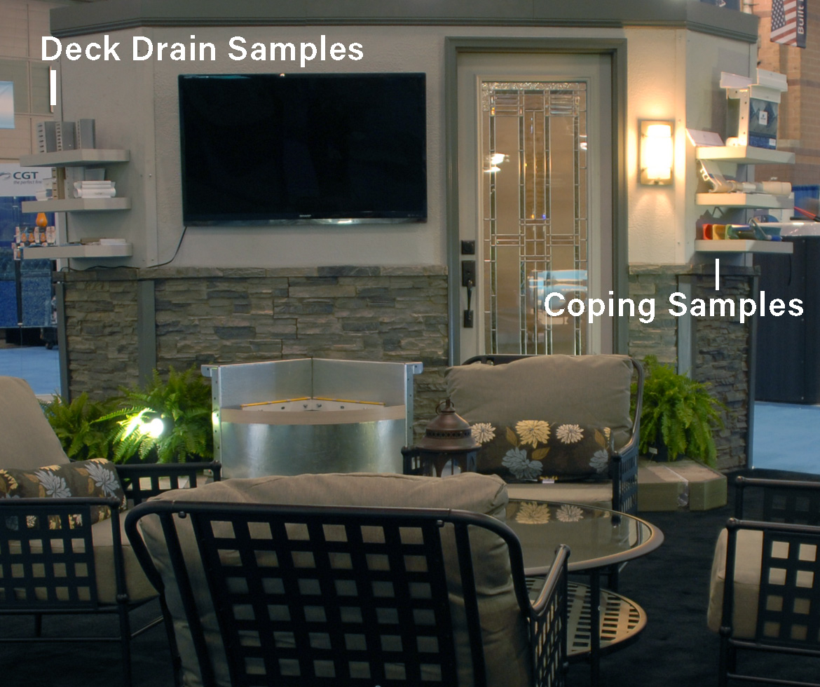 Cardinal Trade Show, deck drain and coping samples shelves