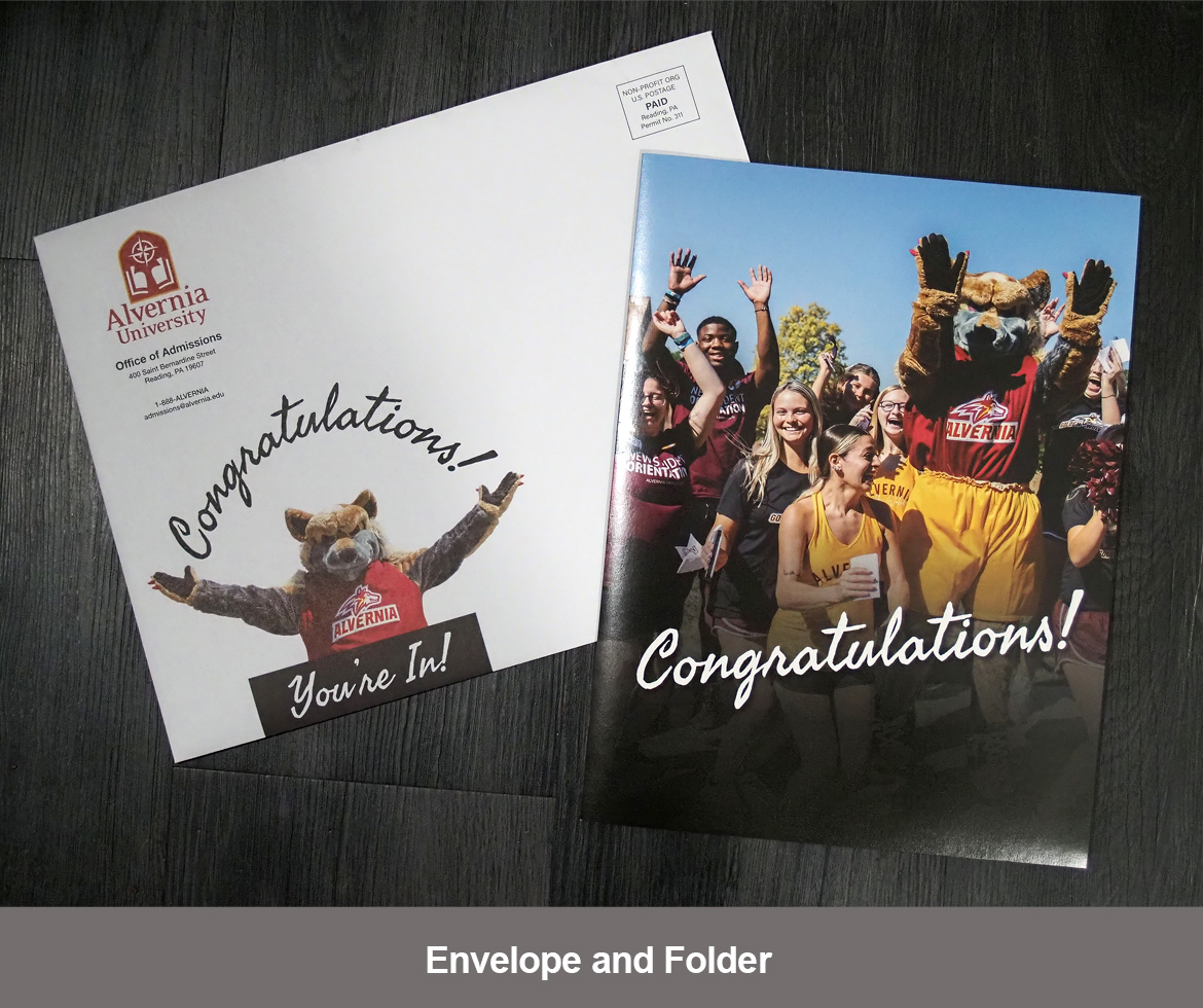 Alvernia University Admissions Admit Pack, envelope and folder