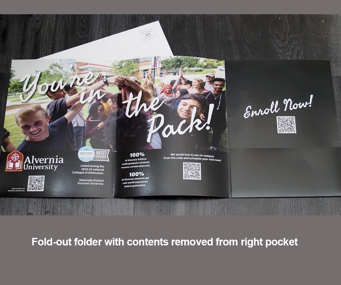 Alvernia University Admissions Admit Pack, folder opened completely