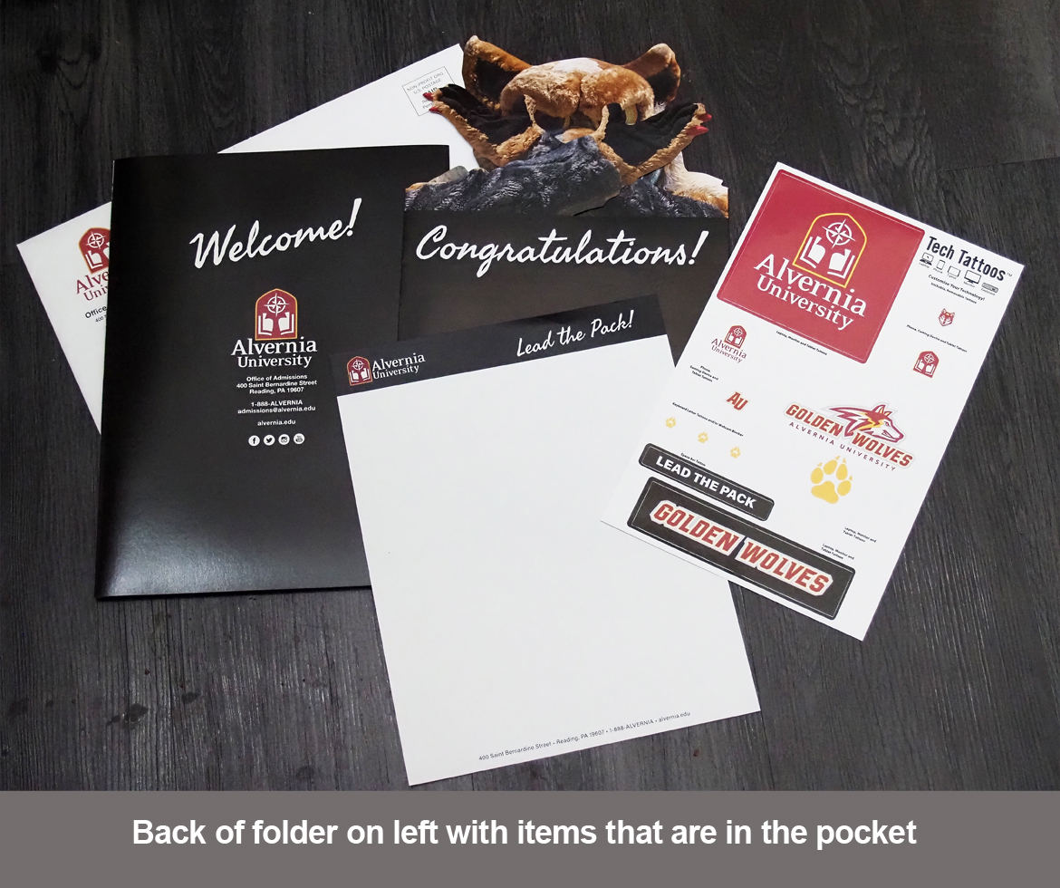Alvernia University Admissions Admit Pack, contents in folder