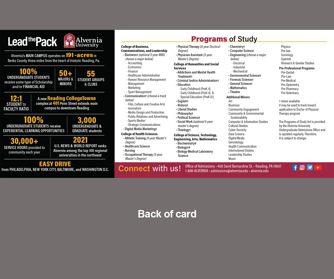 Alvernia University Admissions Fast Facts postcard, back